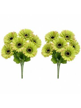 Set of 2 Green Gerbera Daisy Bushes Artificial Flowers Faux Floral Stems Spring